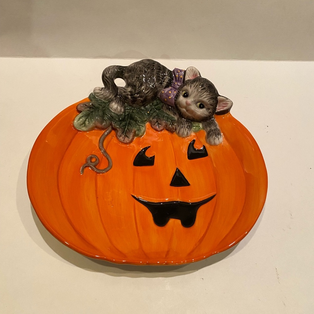 Fitz and Floyd Halloween Snack Plate Cat Jack O Lantern Canape Serving. Set of 4